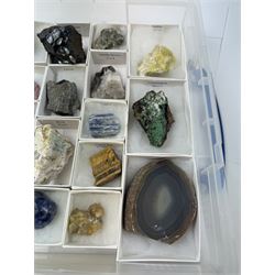 Collection of twenty-three mineral specimens, including orange calcite, realgar, conichalcite etc 
