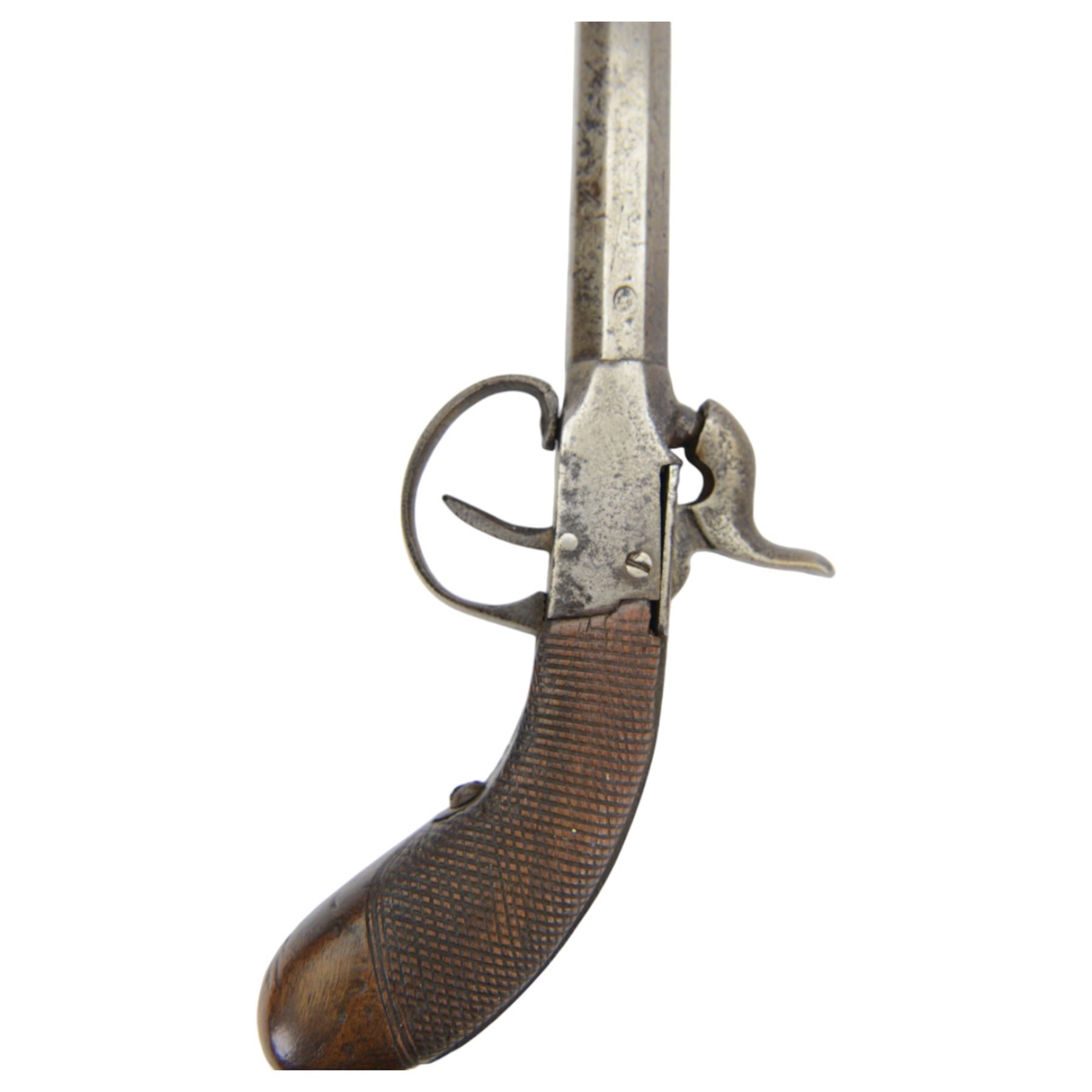 Late 19th century Belgian percussion boxlock pocket pistol, marked PM, with octagonal barrel and checkered wooden grip, L23cm
Sold as an exempt item under Section 58 (2) of the 1968 Firearms Act, to be held as a curiosity or ornament