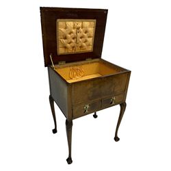 Early 20th century mahogany work table, hinged top enclosing satin-lined compartment with pincushion and pockets, lower section fitted with two drawers with dividers, on cabriole supports with carved knees and claw feet