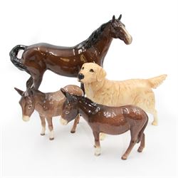 Four Beswick figures, comprising bay horse, golden retriever dog no 2287 and two donkeys no 1364
