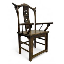 Chinese design elm yoke back 'official's' armchair, the shaped cresting rail over splat decorated with carved and pierced wildlife scenes, shaped projecting arms over rectangular seat, square supports united by plain stretchers, decorated with shaped frame brackets carved with foliage