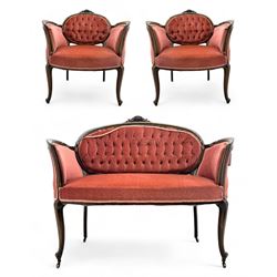 Edwardian inlaid rosewood parlour suite, comprising pair of tub shaped armchairs (W77cm, D...