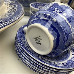 A Spode Italian pattern blue and white teaset, comprising teapot, six teacups, six saucers, milk jug, sucrier, and serving bowls, together with a large Victorian blue and white Willow pattern serving platter or venison plate, and a Victorian blue and white twin handle soup tureen. 