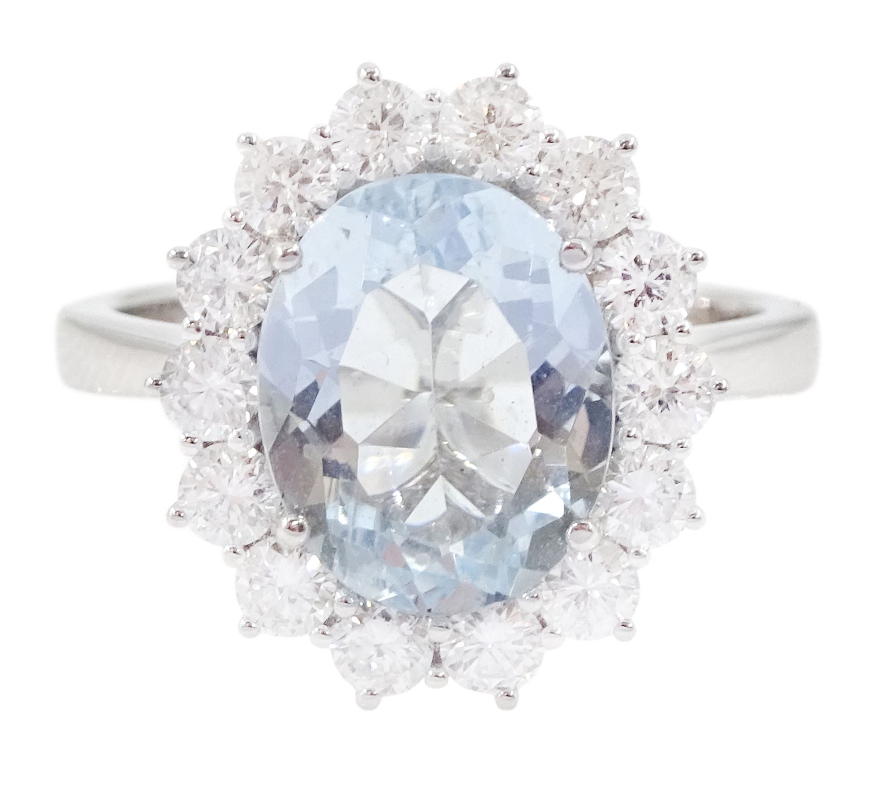 18ct white gold oval cut aquamarine and round brilliant cut diamond cluster ring, hallmarked, aquamarine approx 2.55 carat, total diamond weight approx 0.80 carat