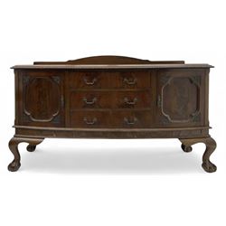 Early 20th century mahogany breakfront sideboard, raised back with moulded and gadrooned e...