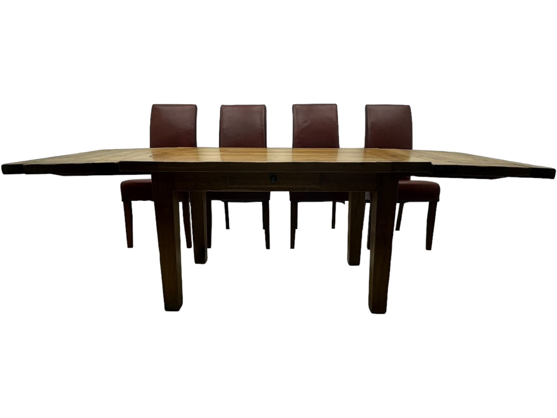 Oak dining table, rectangular plank with two extension leaves at each end, central drawer with brass handle, supported by square legs (L131cm - 233cm, D80cm, H76cm); four high-back dining chairs, the chairs upholstered in dark brown leatherette with stitched detailing, on square tapering legs (H108cm)