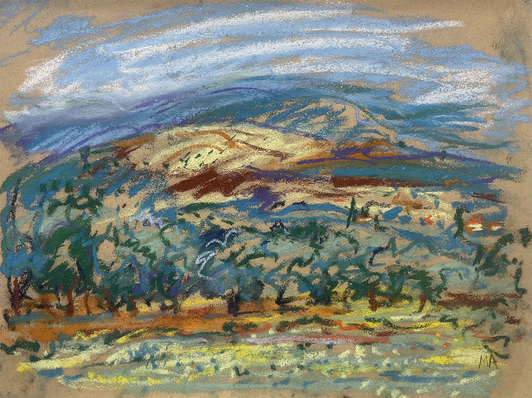 Marjorie Arnfield MBE (Northern British 1930-2001): 'Cherry Trees and Vines - Luberon', pastel signed with initials, titled on label verso 29cm x 39cm 