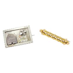 Early 20th century silver bee and beehive brooch and a 14ct gold bar brooch 