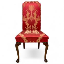 Georgian design mahogany framed high-back side chair, upholstered in red fabric decorated with Japanese figures in a garden landscape and pagodas, on shell carved cabriole front supports
Provenance: From the Estate of the late Dowager Lady St Oswald