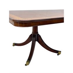 RBC Furniture (Made in England) - Georgian design mahogany dining table, rectangular top with rounded corners, satinwood and burr walnut bandings, two D-ends with two additional leaves and support rails, on barrel turned pedestals with four out-splayed reeded supports, brass cups and castors 