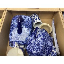 Blue and white ceramics, including three cheese domes and Ringtons jars, teawares, including a Royal Albert Moss Rose pattern teapot, Sadler and Arthur Wood examples and a collection of other ceramics, in three boxes 