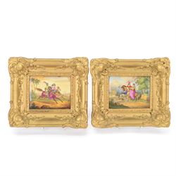 Pair of late 19th/early 20th century porcelain plaques, each painted with courting couples...