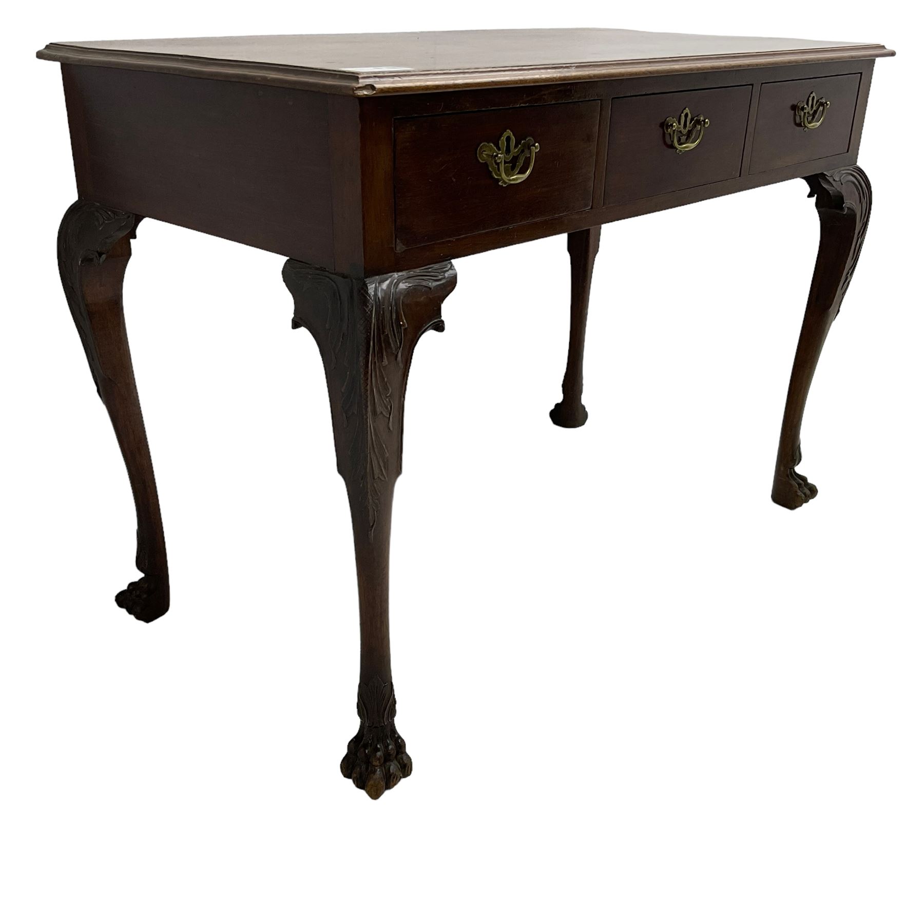 Late 19th century mahogany side table, moulded rectangular top over three drawers, pierced brass handle plates with swan neck handles, on acanthus carved cabriole supports with paw carved feet