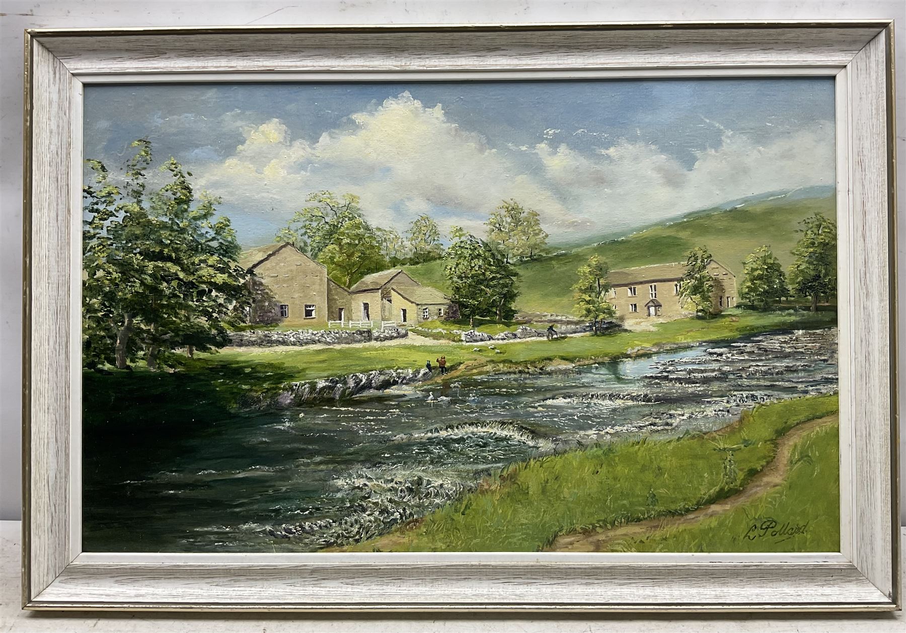 L Pollard (British 20th Century): Feeding Ducks in a Dales Landscape, oil on canvas board 71cm x 44cm