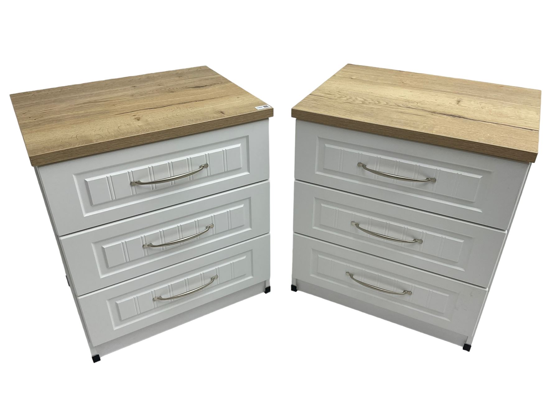 Pair of large oak and white finish three drawer bedside chests