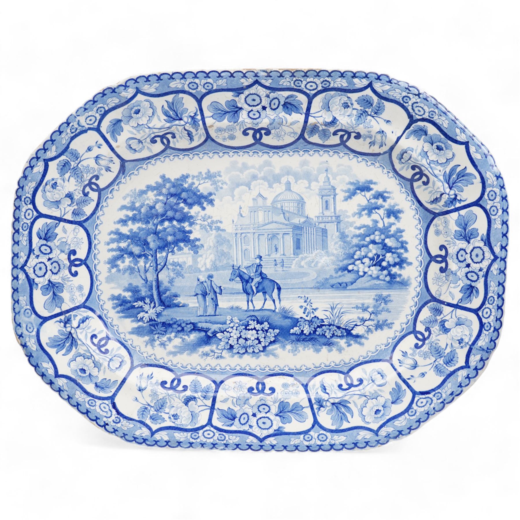 Don Pottery blue and white transfer printed meat plate decorated in the 'Port of Alicata', impressed 14, L37.5cm, together with another Don Pottery meat plate, decorated with figures in a landscape, printed mark, L53.5cm 