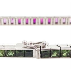 18ct white gold channel set multicoloured sapphire bracelet, sixty-one princess cut sapphires, various hues including blue, pink, green, yellow and teal, London 2004