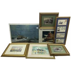 Collection of Lifeboat themed prints, two signed in pencil by Adrian Thompson and John Emerson together with a set of framed maritime postcards max 44cm x 65cm (7)
