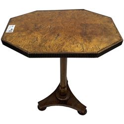 Simkin of London - 19th century figured walnut and mahogany occasional table, canted rectangular top with reed moulded edge, ring turned pedestal on triform platform base with compressed bun feet