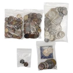 Mostly Great British coins, including Queen Victoria 1890 and 1900 silver crowns, 1889 double florin, approximately 670 grams of Great British pre 1947 silver coins with sixpences, shillings, two shillings, halfcrowns etc, various pre-decimal pennies, other denominations and miscellaneous items