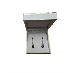 Silver black onyx and marcasite pendant stud earrings, stamped 925, boxed 