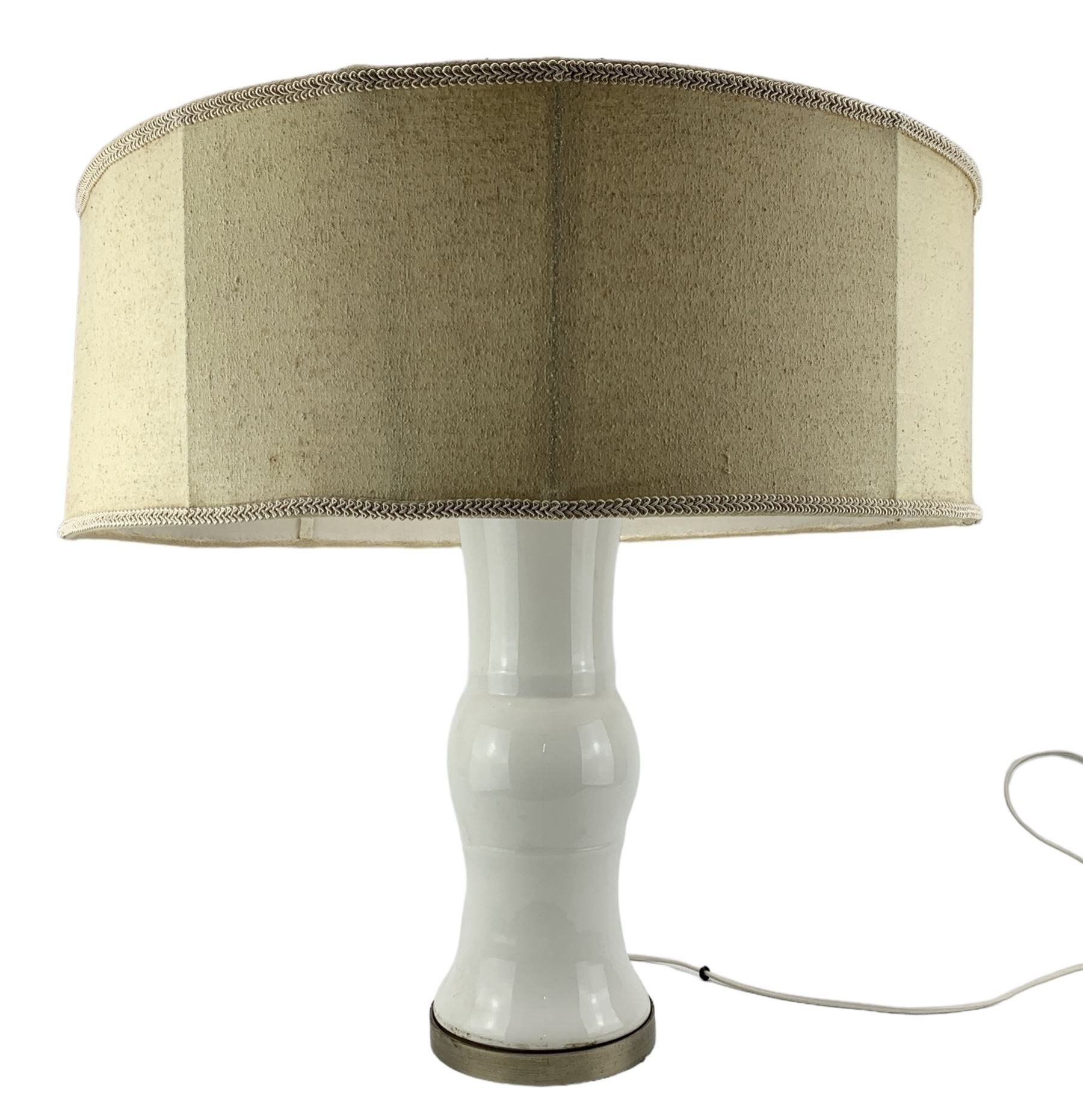 Early to mid 20th century Continental white glazed porcelain table lamp, of Gu form, with brushed metal fittings and large shade, base H47cm 