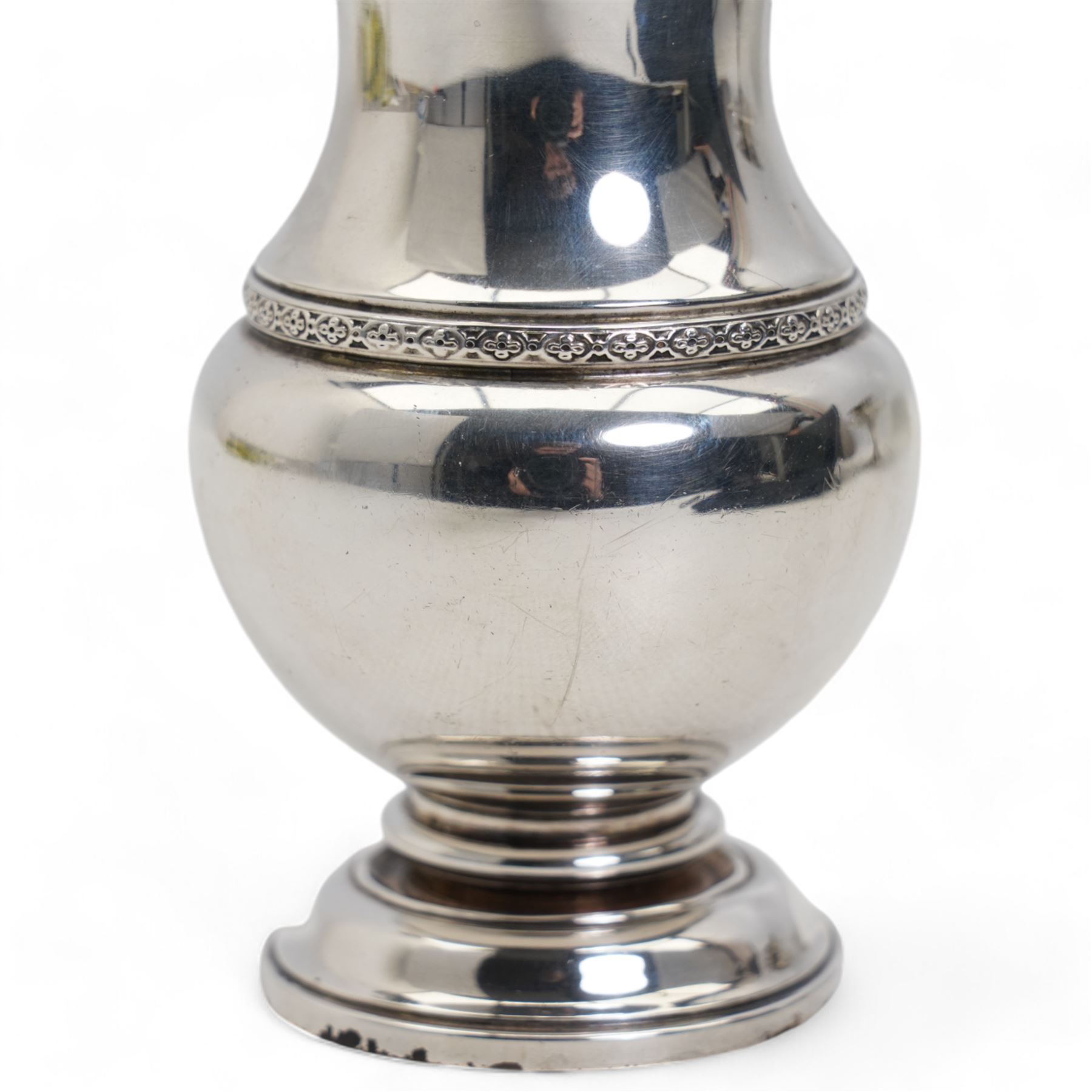 Plain silver vase shape sugar caster with pierced cover H16cm Birmingham 1934 Maker Walker & Hall 