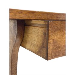 Gnomeman - oak side table, rectangular adzed top over two drawers, on shaped end end supports united by pegged stretcher, carved with gnome signature, by Thomas Whittaker, Littlebeck 