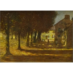 Mark Senior (Staithes Group 1862-1927): Sunlight through the Trees in the Village Square, pastel signed and dated 1905, signed and inscribed 'Artist's Sketch' verso 26cm x 36cm