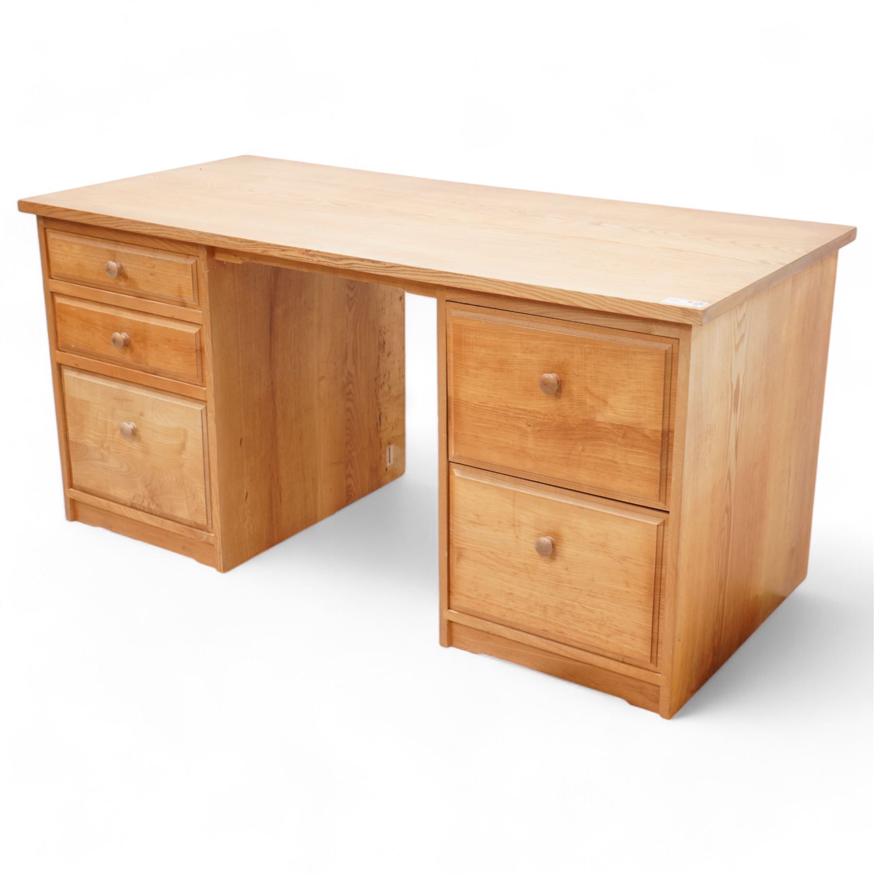 Treske - light ash twin pedestal desk, rectangular top over five drawers 