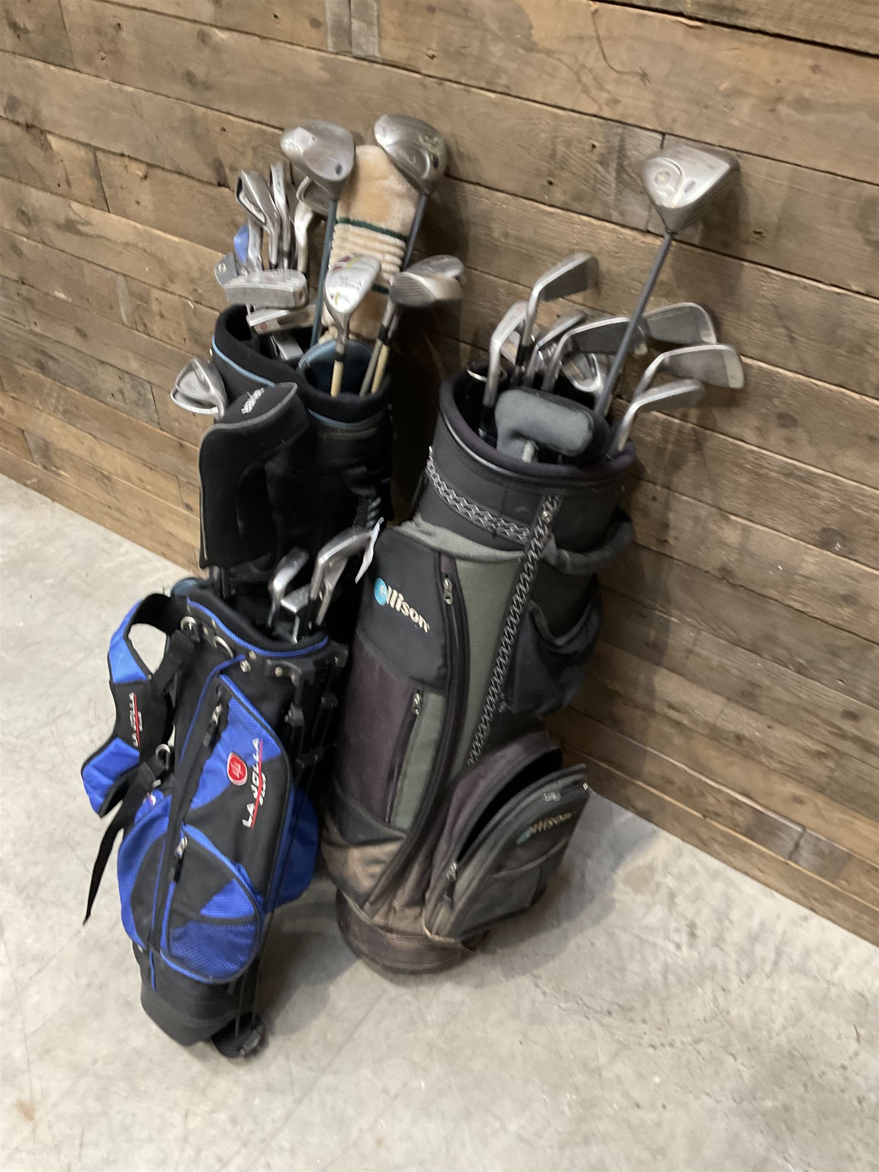 Battlesticks and other golf clubs in three bags