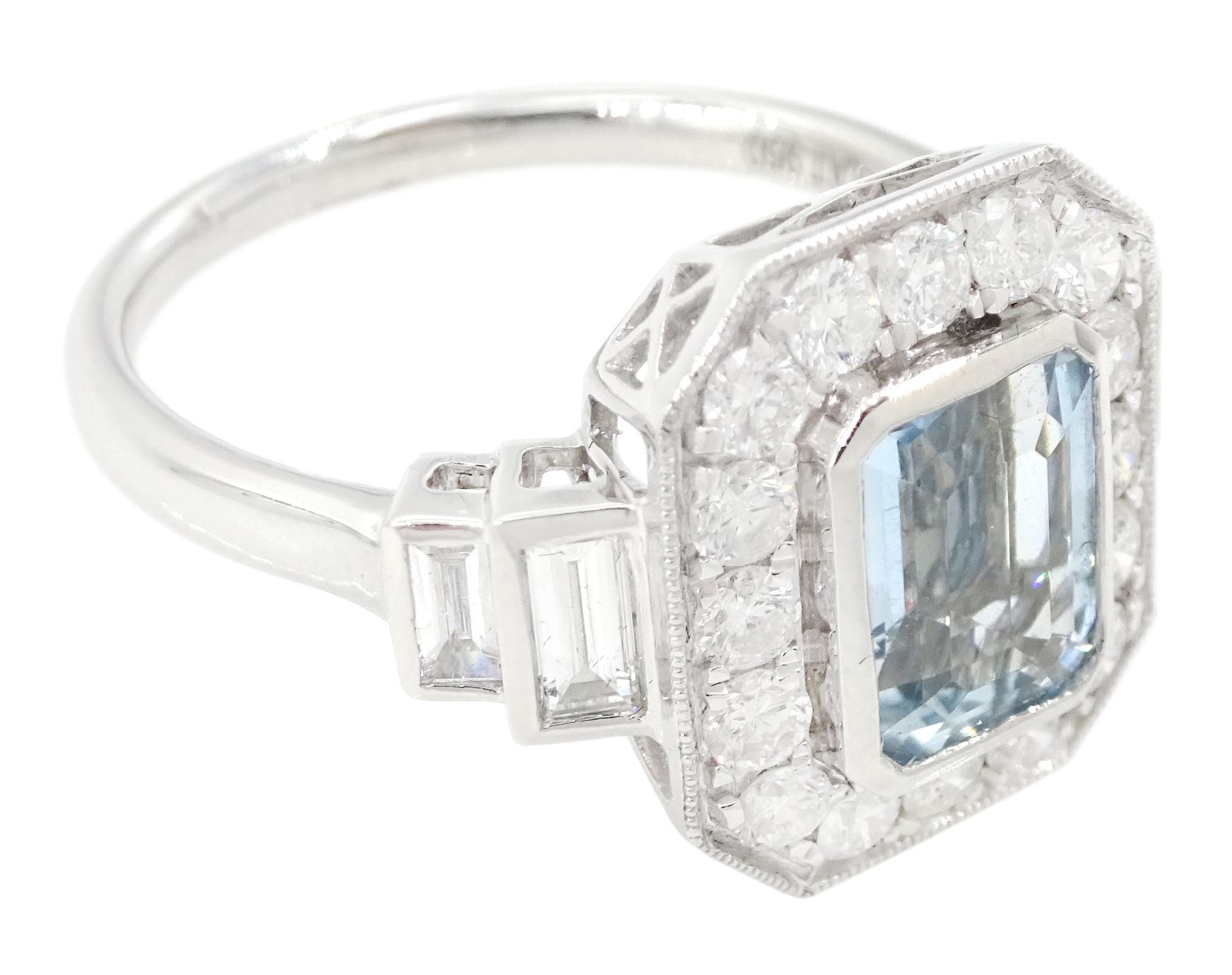 Platinum aquamarine and diamond cluster ring, emerald cut aquamarine of approx 1.40 carat, with milgrain set round brilliant cut diamond surround, each side set with two baguette cut diamonds, hallmarked, total diamond weight approx 1.10 carat