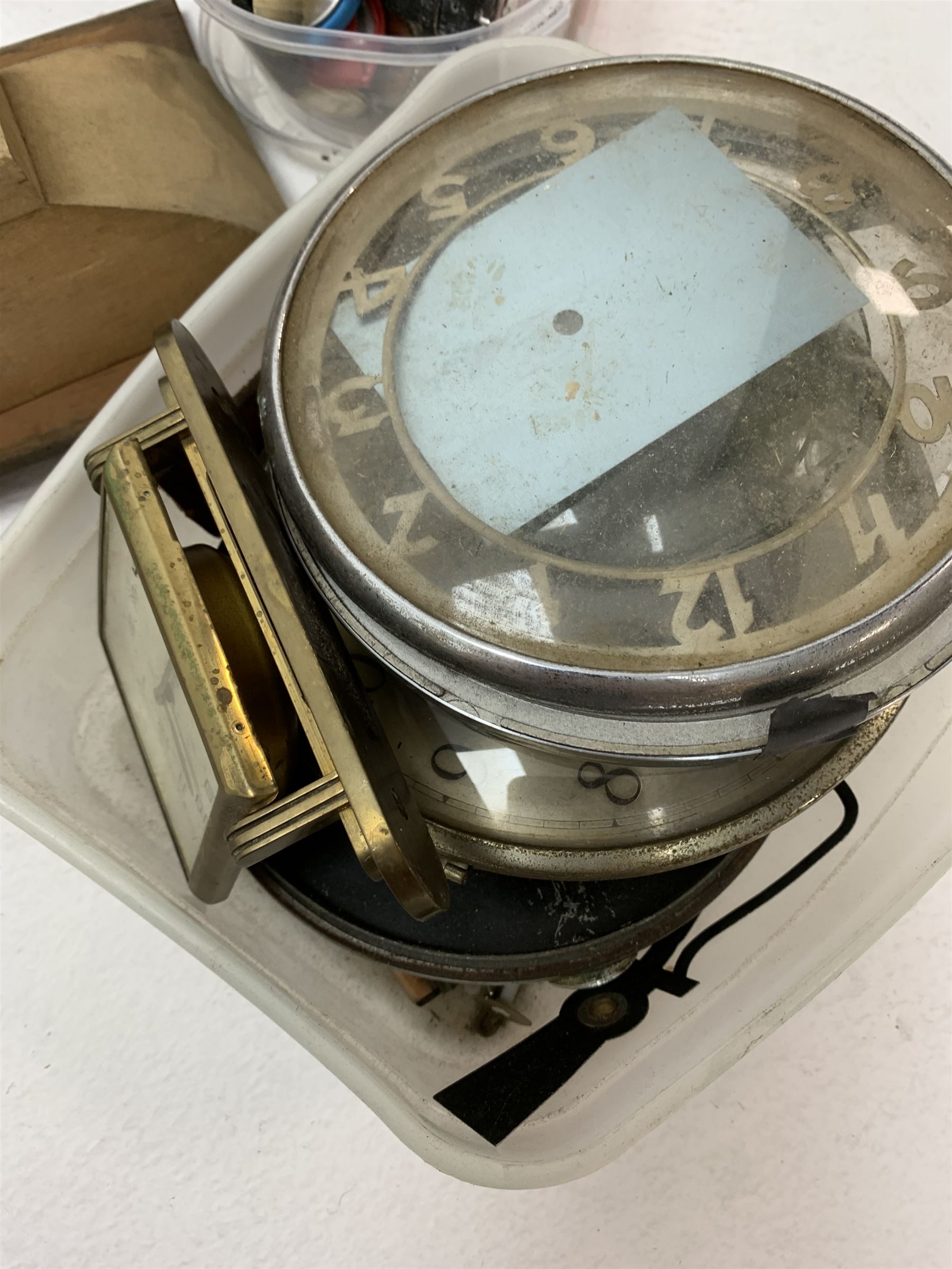 Collection of clock and watch parts - various cases some with movement, ebonised and marble plinths, various clock movements, clock dials, bezels, watches and watch parts etc... in two boxes