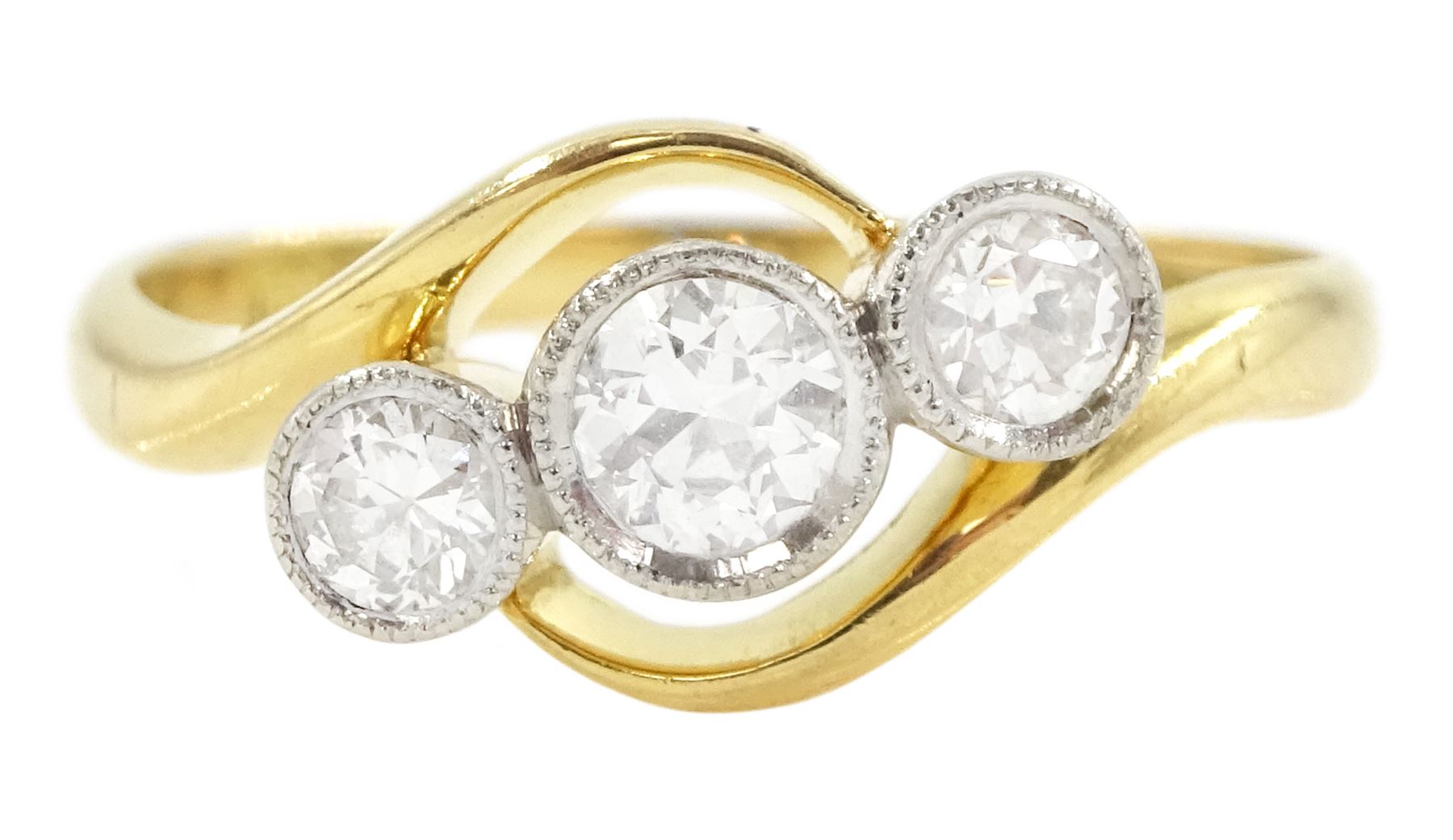 Early 20th century milgrain set three stone old cut diamond ring, stamped 18ct, total diamond weight approx 0.35 carat