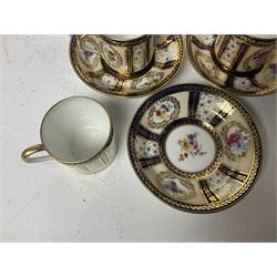 Paragon thee coffee cans and saucers, painted in gilt and colours with flowers, Paragon set of six coffee cups and saucers, 'Reproduction of Service accepted by Her Majesty Queen on her visit to the potteries, with three matching saucers