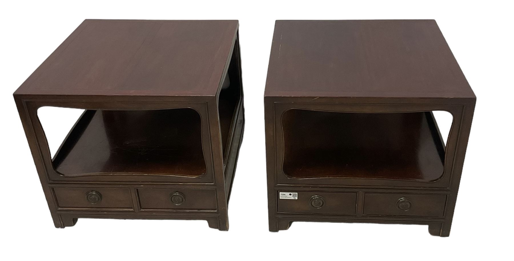 Pair of Chinese 20th century lacquered hardwood two-tier lamp tables, fitted with two drawers to base