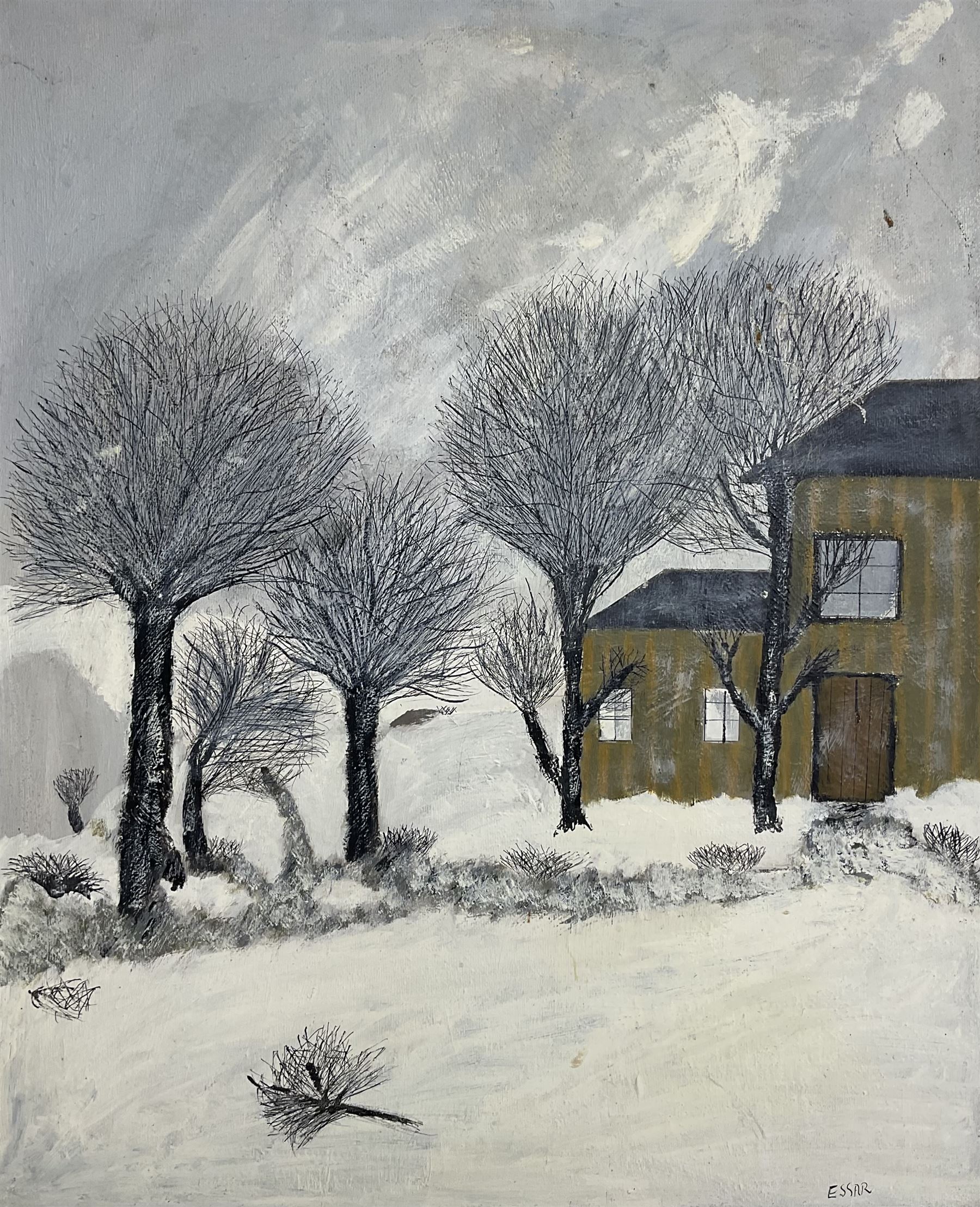 Essar (Northern Naive British Mid-20th century): Snowy WInter Landscape with Trees, oil on board signed 72cm x 59cm