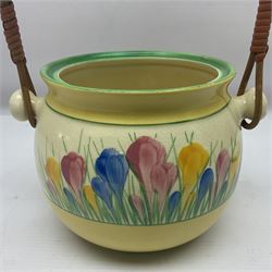 Clarice Cliff for Royal Staffordshire/Newport pottery, biscuit barrel with cover in Sungleam Crocus pattern, H16cm 