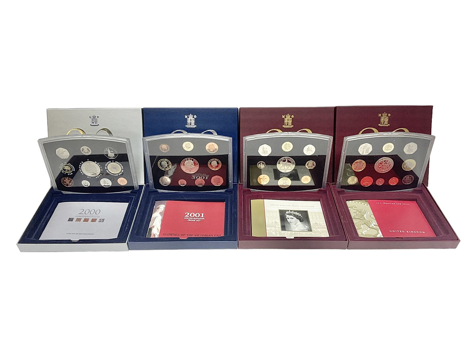 Four The Royal Mint United Kingdom proof coin collections, dated 2000, 2001, 2002 and 2003, all in display boxes with certificates