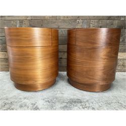 Pair of walnut circular barrel shaped lamp tables, fitted with single drawer