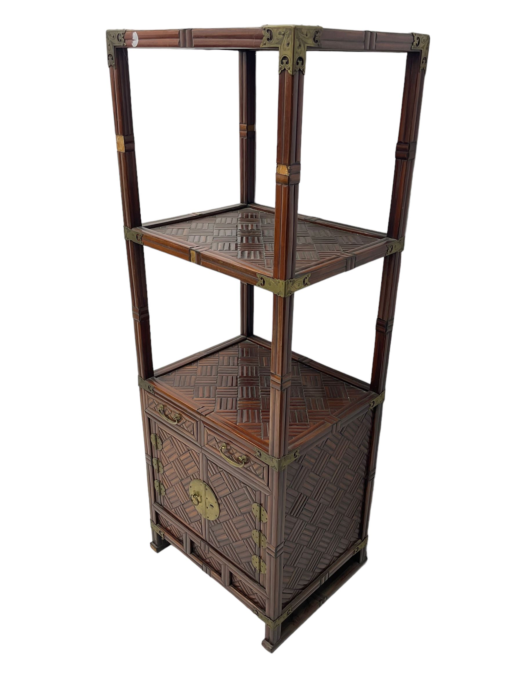 Chinese design bamboo and wood what-not or etagere, parquetry lattice-work bamboo, three tiers over two small drawers and cupboard