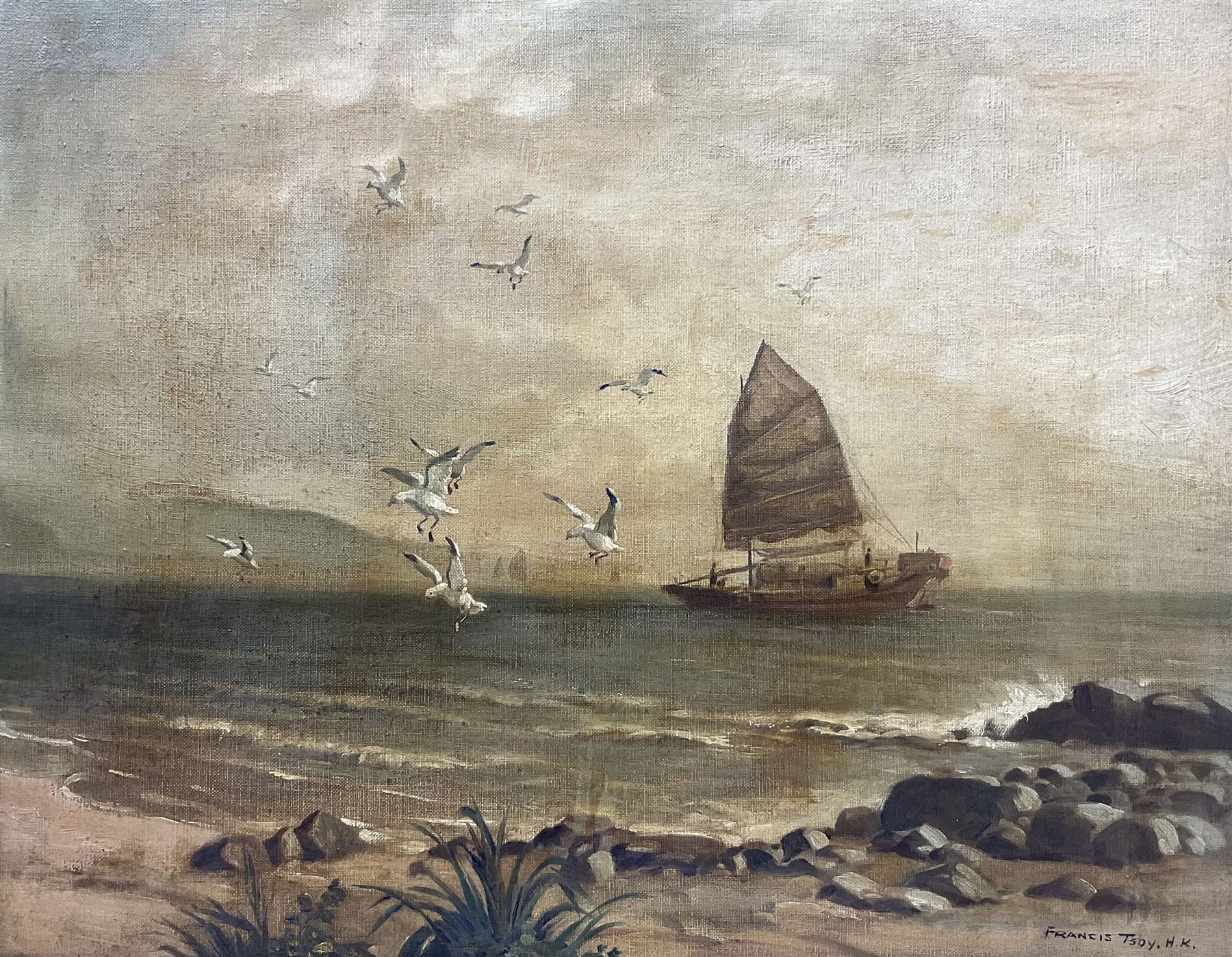 Francis Tsoy (Chinese 20th Century): Junk Boat and Seagulls, oil on canvas signed 40cm x 49cm 