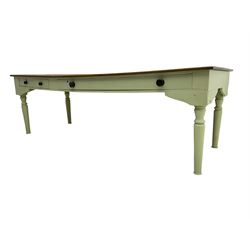 Large 20th century farmhouse style dining table, rectangular oak top on pale green painted base fitted with drawers, on turned supports