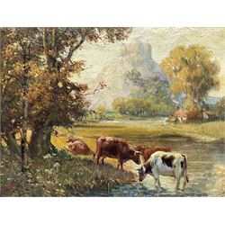 R A R* (19th/20th century): Hilltop Castle with Cattle Watering in the Foreground, oil on canvas laid on board initialled and dated 1910, 32cm x 42cm