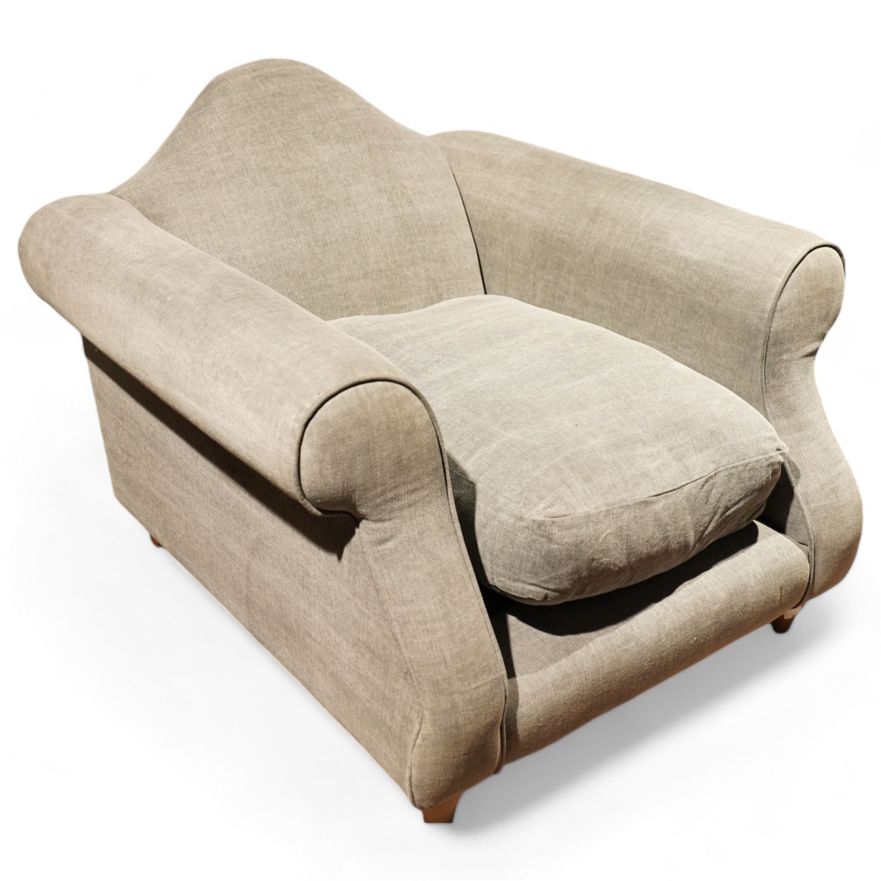 Loaf - hardwood-framed armchair, camelback and rolled arms, upholstered in stone-grey fabric, on turned oak front feet