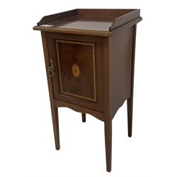 Edwardian inlaid mahogany pot cupboard, raised three-quarter gallery back, panelled door with fan inlay enclosing single shelf