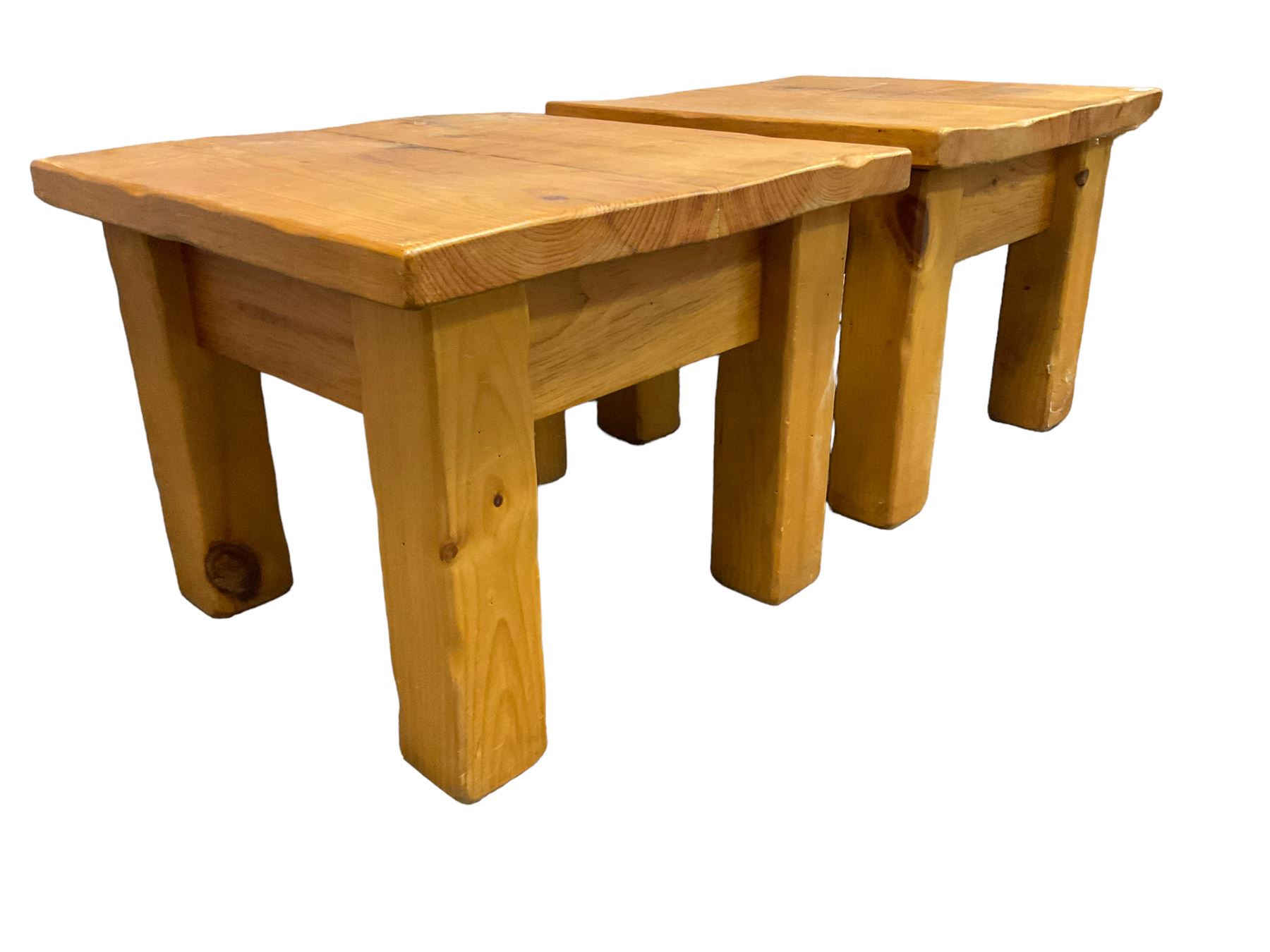 Two pine square coffee tables on block supports