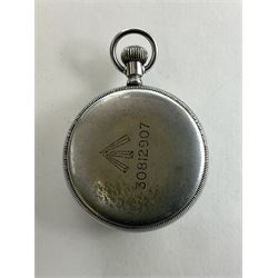 Waltham military open face pocket watch, with signed black dial and subsidiary seconds dial, the case back engraved with broad arrow and 30812907 