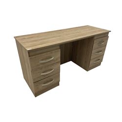Oak finish twin pedestal desk/dressing table, fitted with six drawers