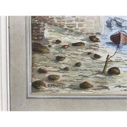 F Preston (British 20th Century): 'Staithes - The Beck', watercolour signed, titled and dated 1977 verso 17cm x 37cm; Roy Williams (British 20th Century): 'Robin Hood's Bay', charcoal signed and dated '92, 21cm x 30cm; together with a watercolour of barges signed 'Turner' (3)